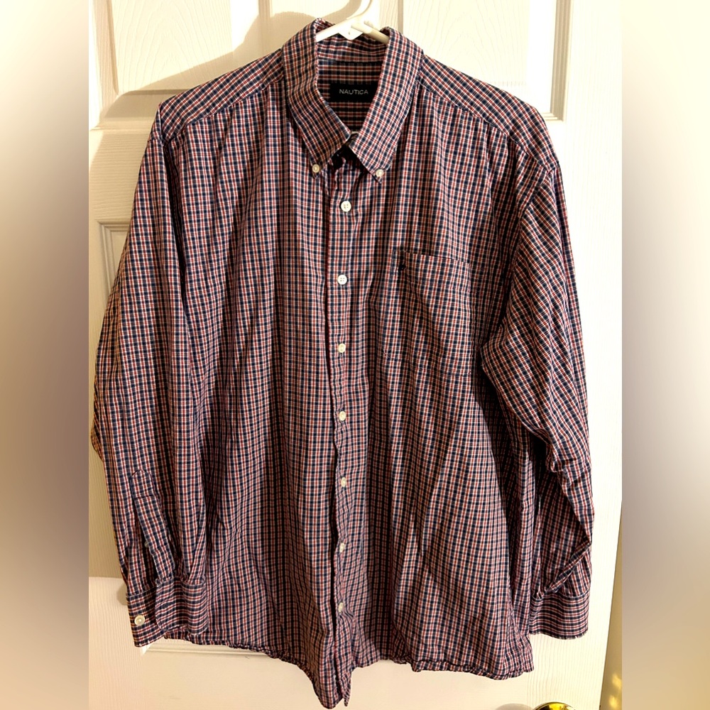 Men's Size 17 Red, Navy and White Plaid Nautica Dress Shirt
